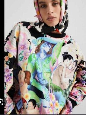 Desigual x María Escoté Oversized Plush Graphic Sweatshirt Floral Monument SZ M